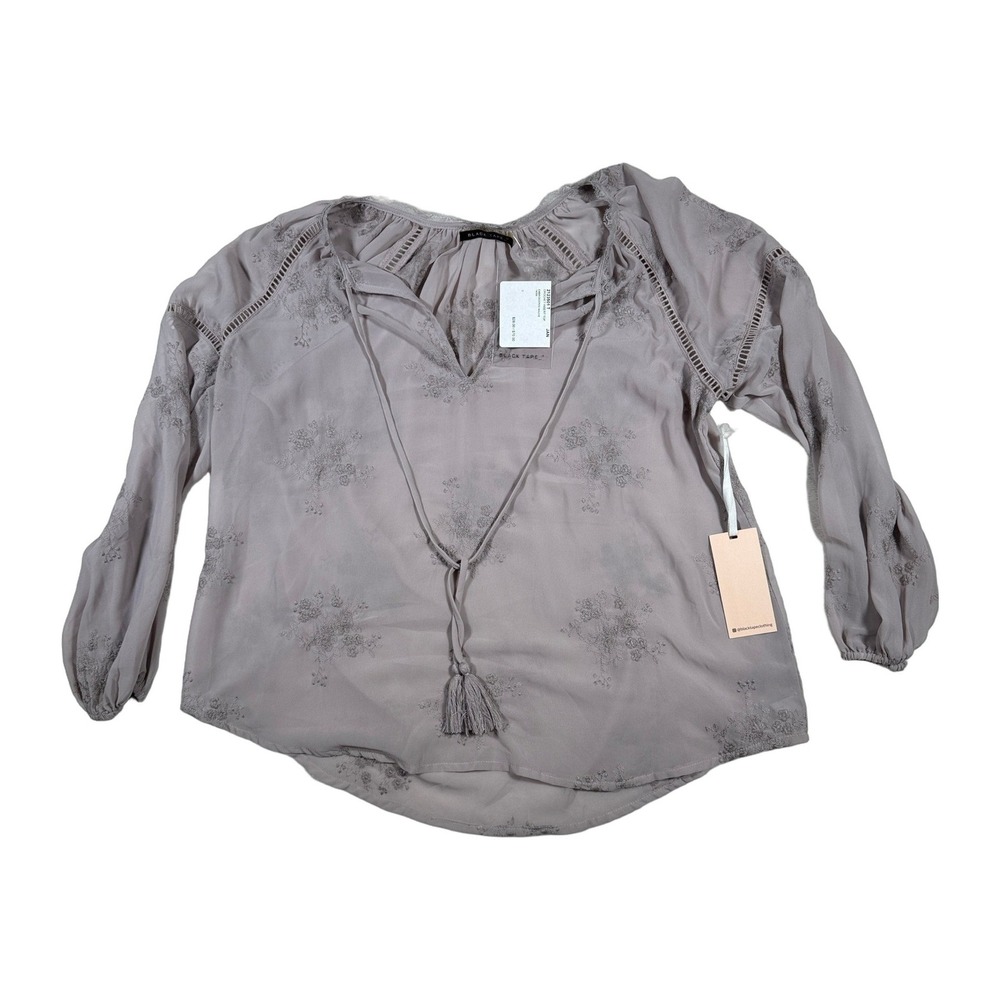 BLACK TAPE Embroidered Crochet Insert Top Mauve Long Sleeve Boho V Neck Peasant